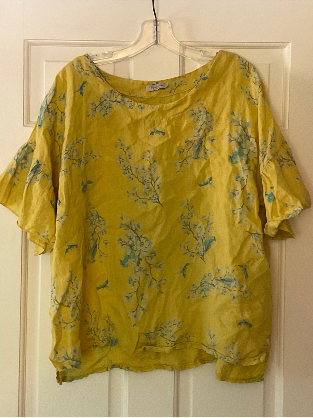 Bellambra Linen Flutter Sleeve Top Large Yellow Floral Made In Italy Cottagecore